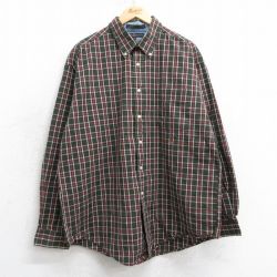 XL★古着 トミーヒルフィガー TOMMY HILFIGER 長袖 ブランド シャツ メンズ 90年代 90s ワンポイントロゴ コットン ボタンダウン 濃緑他 グリーン チェック 25mar15 中古 トップス