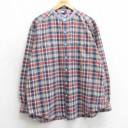 XL★古着 トミーヒルフィガー TOMMY HILFIGER 長袖 ブランド シャツ メンズ 90年代 90s ワンポイントロゴ コットン ノーカラー 紺他 ネイビー チェック 【spe】 25mar15 中古 トップス