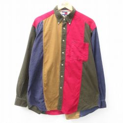【50%OFF】XL★古着 トミーヒルフィガー TOMMY HILFIGER 長袖 ブランド シャツ メンズ 90年代 90s マルチカラー コットン ボタンダウン 紺他 ネイビー ストライプ 【spe】 25mar17 中古 トップス