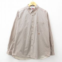 【50%OFF】XL★古着 トミーヒルフィガー TOMMY HILFIGER 長袖 ブランド シャツ メンズ 90年代 90s ワンポイントロゴ 大きいサイズ コットン ボタンダウン ベージュ他 カーキ ストライプ 25mar18 中古 トップス