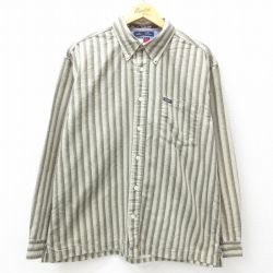 トミーヒルフィガー 90s 長袖シャツ ワンポイントロゴ グリーンストライプ XL | 古着