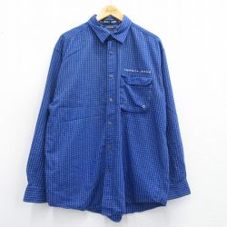 【50%OFF】XL★古着 トミーヒルフィガー TOMMY HILFIGER トミージーンズ 長袖 ブランド シャツ メンズ 90年代 90s ワンポイントロゴ ロング丈 コットン 紺他 ネイビー チェック 25mar19 中古 トップス