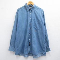 【20%OFF】XL★古着 トミーヒルフィガー TOMMY HILFIGER 長袖 ブランド シャツ メンズ ワンポイントロゴ 大きいサイズ ロング丈 コットン ボタンダウン 紺 ネイビー デニム 25mar19 中古 トップス