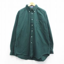 XL★古着 トミーヒルフィガー TOMMY HILFIGER 長袖 ブランド シャツ メンズ 90年代 90s ワンポイントロゴ 大きいサイズ コットン ボタンダウン 緑 グリーン 25mar19 中古 トップス