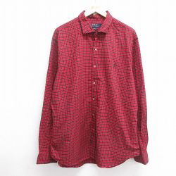 【50%OFF】XL★古着 ラルフローレン Ralph Lauren 長袖 ブランド シャツ メンズ ワンポイントロゴ ロング丈 コットン 赤他 レッド チェック 25mar19 中古 トップス