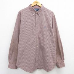 XL★古着 ラルフローレン Ralph Lauren 長袖 ブランド シャツ メンズ 90年代 90s ワンポイントロゴ 大きいサイズ ロング丈 コットン ボタンダウン 赤他 レッド チェック 25mar19 中古 トップス