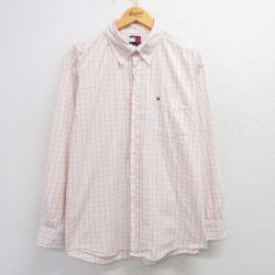 XL★古着 トミーヒルフィガー TOMMY HILFIGER 長袖 ブランド シャツ メンズ 90年代 90s ワンポイントロゴ コットン ボタンダウン 白他 ホワイト チェック 25mar19 中古 トップス