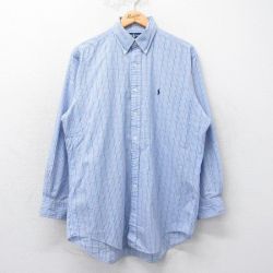 XL★古着 ラルフローレン Ralph Lauren 長袖 ブランド シャツ メンズ 90年代 90s YARMOUTH ワンポイントロゴ ロング丈 コットン ボタンダウン 薄紺他 ネイビー チェック 25mar19 中古 トップス