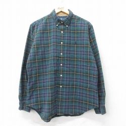 XL★古着 ラルフローレン Ralph Lauren 長袖 ブランド シャツ メンズ 90年代 90s ワンポイントロゴ 大きいサイズ コットン ボタンダウン 緑他 グリーン チェック 25mar19 中古 トップス
