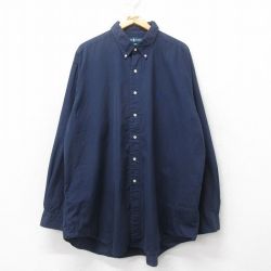 XL★古着 ラルフローレン Ralph Lauren 長袖 ブランド シャツ メンズ 90年代 90s BLAKE ワンポイントロゴ 大きいサイズ ロング丈 コットン ボタンダウン 紺 ネイビー 25mar19 中古 トップス