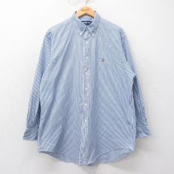 XL★古着 ラルフローレン Ralph Lauren 長袖 ブランド シャツ メンズ 90年代 90s YARMOUTH オックスフォード ワンポイントロゴ 大きいサイズ コットン ボタンダウン 薄紺他 ネイビー ストライプ 25mar19 中古 トップス