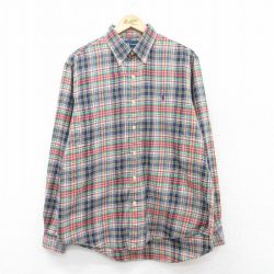 XL★古着 ラルフローレン Ralph Lauren 長袖 ブランド シャツ メンズ 90年代 90s ワンポイントロゴ コットン ボタンダウン 紺他 ネイビー チェック 25mar19 中古 トップス