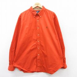 XL★古着 ラルフローレン Ralph Lauren 長袖 ブランド シャツ メンズ 90年代 90s ワンポイントロゴ ヒジ当て 大きいサイズ ロング丈 コットン ボタンダウン オレンジ 25mar19 中古 トップス