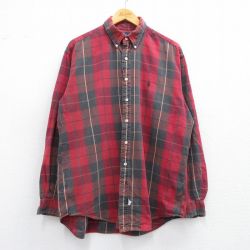 L★古着 ラルフローレン Ralph Lauren 長袖 ブランド シャツ メンズ 90年代 90s ワンポイントロゴ コットン ボタンダウン 赤他 レッド チェック 25mar21 中古 トップス