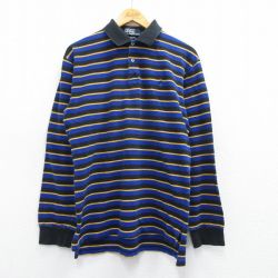 【50%OFF】L★古着 ラルフローレン Ralph Lauren 長袖 ブランド ポロ シャツ メンズ 90年代 90s ワンポイントロゴ 鹿の子 コットン 青他 ブルー ボーダー 25mar21 中古 トップス