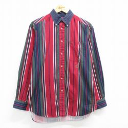 L★古着 トミーヒルフィガー TOMMY HILFIGER 長袖 ブランド シャツ メンズ 90年代 90s ワンポイントロゴ コットン ボタンダウン エンジ他 ストライプ 25mar21 中古 トップス