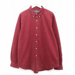 【50%OFF】XL★古着 ラルフローレン Ralph Lauren 長袖 ブランド シャツ メンズ 90年代 90s ワンポイントロゴ 大きいサイズ ロング丈 コットン ボタンダウン 赤他 レッド チェック 25mar21 中古 トップス