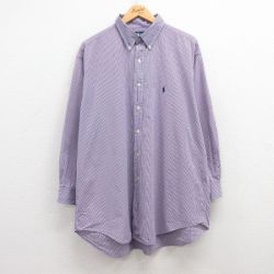 XL★古着 ラルフローレン Ralph Lauren 長袖 ブランド シャツ メンズ 90年代 90s ワンポイントロゴ YARMOUTH 大きいサイズ コットン ボタンダウン 紫他 パープル ギンガム チェック 25mar21 中古 トップス