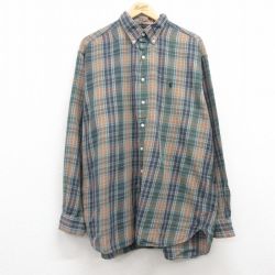 XL★古着 ラルフローレン Ralph Lauren 長袖 ブランド シャツ メンズ 90年代 90s ワンポイントロゴ MCMEEL 大きいサイズ コットン ボタンダウン 緑他 グリーン チェック 【spe】 25mar21 中古 トップス
