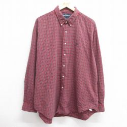 【50%OFF】XL★古着 ラルフローレン Ralph Lauren 長袖 ブランド シャツ メンズ 90年代 90s MARLOWE ワンポイントロゴ 大きいサイズ ロング丈 コットン ボタンダウン 赤他 レッド チェック 25mar21 中古 トップス