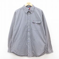 XL★古着 トミーヒルフィガー TOMMY HILFIGER 長袖 ブランド シャツ メンズ 90年代 90s ワンポイントロゴ コットン 紺他 ネイビー チェック 25mar22 中古 トップス