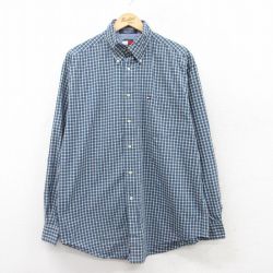 XL★古着 トミーヒルフィガー TOMMY HILFIGER 長袖 ブランド シャツ メンズ 90年代 90s ワンポイントロゴ コットン ボタンダウン 紺他 ネイビー チェック 25mar22 中古 トップス