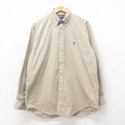 XL★古着 ラルフローレン Ralph Lauren 長袖 ブランド シャツ メンズ 90年代 90s BLAKE ワンポイントロゴ コットン ボタンダウン ベージュ カーキ 25mar24 中古 トップス
