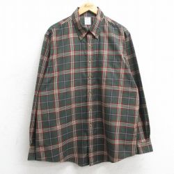 XL★古着 ブルックスブラザーズ BROOKS BROTHERS 長袖 ブランド シャツ メンズ 大きいサイズ ロング丈 コットン ボタンダウン 濃緑他 グリーン チェック 25mar24 中古 トップス