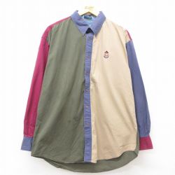 【20%OFF】XL★古着 ラルフローレン Ralph Lauren チャップス 長袖 ブランド シャツ メンズ 80年代 80s マルチカラー クレイジーパターン 大きいサイズ ロング丈 コットン ボタンダウン 緑他 グリーン 【spe】 25mar24 中古 トップス