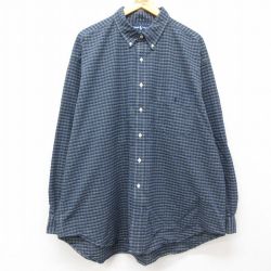 XL★古着 ラルフローレン Ralph Lauren 長袖 ブランド シャツ メンズ 90年代 90s BIG SHIRT ワンポイントロゴ 大きいサイズ ロング丈 コットン ボタンダウン 紺他 ネイビー チェック 【spe】 25mar24 中古 トップス