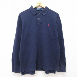 L★古着 長袖 ブランド ポロ シャツ メンズ 90年代 90s ワンポイントロゴ 鹿の子 コットン 紺 ネイビー 25mar24 中古 トップス