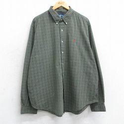 XL★古着 ラルフローレン Ralph Lauren 長袖 ブランド シャツ メンズ 90年代 90s ワンポイントロゴ 大きいサイズ コットン ボタンダウン 濃緑他 グリーン チェック 25mar25 中古 トップス