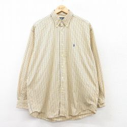 XL★古着 ラルフローレン Ralph Lauren 長袖 ブランド シャツ メンズ 90年代 90s ワンポイントロゴ BLAKE 大きいサイズ ロング丈 コットン ボタンダウン 黄他 イエロー チェック 25mar25 中古 トップス