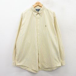 XL★古着 ラルフローレン Ralph Lauren 長袖 ブランド シャツ メンズ 90年代 90s ワンポイントロゴ オックスフォード 大きいサイズ ロング丈 コットン ボタンダウン 黄他 イエロー ストライプ 25mar25 中古 トップス