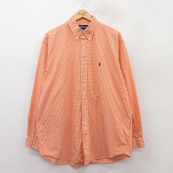 XL★古着 ラルフローレン Ralph Lauren 長袖 ブランド シャツ メンズ 90年代 90s ワンポイントロゴ BLAKE 大きいサイズ ロング丈 コットン ボタンダウン オレンジ他 ギンガム チェック 25mar25 中古 トップス
