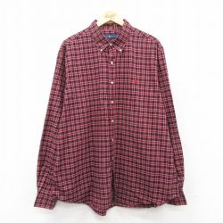 【50%OFF】XL★古着 ラルフローレン Ralph Lauren 長袖 ブランド シャツ メンズ ワンポイントロゴ 大きいサイズ ロング丈 コットン ボタンダウン 黒他 ブラック チェック 25mar25 中古 トップス