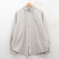 XL★古着 ラルフローレン Ralph Lauren 長袖 ブランド シャツ メンズ 90年代 90s ワンポイントロゴ オックスフォード 大きいサイズ ロング丈 コットン ボタンダウン 白他 ホワイト チェック 25mar25 中古 トップス
