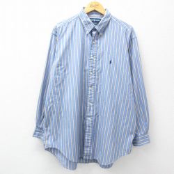 XL★古着 ラルフローレン Ralph Lauren 長袖 ブランド シャツ メンズ 90年代 90s YARMOUTH ワンポイントロゴ オックスフォード 大きいサイズ ロング丈 コットン ボタンダウン 紺他 ネイビー ストライプ 25mar27 中古 トップス