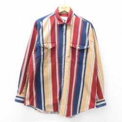 XL★古着 エディーバウアー 長袖 ブランド シャツ メンズ 00年代 00s コットン 紺他 ネイビー ストライプ 【spe】 25mar27 中古 トップス