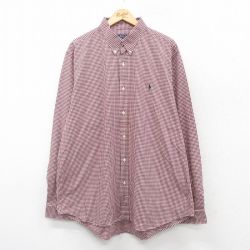 【50%OFF】XL★古着 ラルフローレン Ralph Lauren 長袖 ブランド シャツ メンズ ワンポイントロゴ 大きいサイズ ロング丈 ボタンダウン エンジ他 ギンガム チェック 25mar27 中古 トップス
