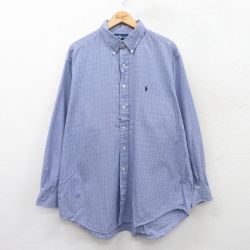 XL★古着 ラルフローレン Ralph Lauren 長袖 ブランド シャツ メンズ 90年代 90s YARMOUTH ワンポイントロゴ 大きいサイズ ロング丈 コットン ボタンダウン 紺他 ネイビー チェック 25mar27 中古 トップス