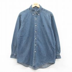XL★古着 ラルフローレン Ralph Lauren 長袖 ブランド シャツ メンズ 90年代 90s YARMOUTH ワンポイントロゴ コットン ボタンダウン 濃紺 ネイビー デニム 【spe】 25mar28 中古 トップス