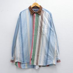 XL★古着 ドッカーズ 長袖 ブランド シャツ メンズ 90年代 90s インディゴ 襟コーデュロイ 大きいサイズ コットン 薄紺他 ネイビー ストライプ 【spe】 25mar29 中古 トップス
