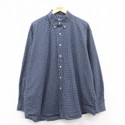 XL★古着 ラルフローレン Ralph Lauren 長袖 ブランド シャツ メンズ 90年代 90s ワンポイントロゴ BLAKE 大きいサイズ ロング丈 コットン ボタンダウン 紺他 ネイビー チェック 25mar29 中古 トップス