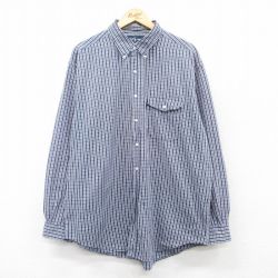 XL★古着 ラルフローレン Ralph Lauren 長袖 ブランド シャツ メンズ 90年代 90s CREEK 大きいサイズ ロング丈 コットン ボタンダウン 紺他 ネイビー チェック 25mar29 中古 トップス