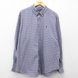 XL★古着 ラルフローレン Ralph Lauren 長袖 ブランド シャツ メンズ 90年代 90s ワンポイントロゴ 大きいサイズ コットン ボタンダウン 薄紺他 ネイビー チェック 【spe】 25mar31 中古 トップス
