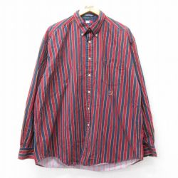 【50%OFF】XL★古着 トミーヒルフィガー TOMMY HILFIGER 長袖 ブランド シャツ メンズ 90年代 90s ワンポイントロゴ 大きいサイズ ロング丈 コットン ボタンダウン エンジ他 ストライプ 25apr09 中古 トップス