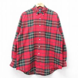XL★古着 ラルフローレン Ralph Lauren 長袖 ブランド シャツ メンズ 90年代 90s ワンポイントロゴ 大きいサイズ ロング丈 コットン ボタンダウン 赤他 レッド タータン チェック 【spe】 25apr09 中古 トップス