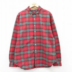 XL★古着 ラルフローレン Ralph Lauren 長袖 ブランド シャツ メンズ 90年代 90s ワンポイントロゴ 大きいサイズ ロング丈 コットン ボタンダウン 赤他 レッド タータン チェック 25apr10 中古 トップス