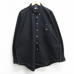 XL★古着 トミーヒルフィガー TOMMY HILFIGER 長袖 ブランド シャツ メンズ 90年代 90s ワンポイントロゴ 大きいサイズ コットン ボタンダウン 黒 ブラック 25apr17 中古 トップス